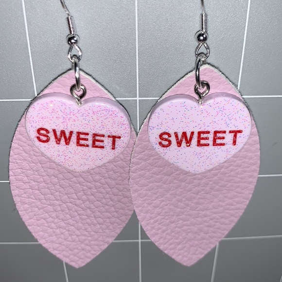 Hand Crafted SWEET Sterling Silver Fishhook Dangling Earrings with Fax Leather - Picture 4 of 12